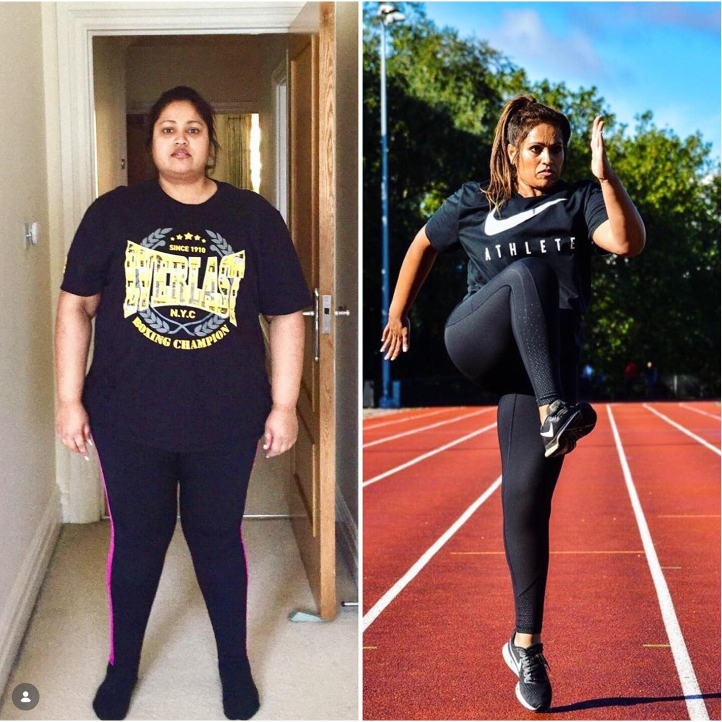 Neha before coaching and later training athletically on a running track after losing 60 kilograms